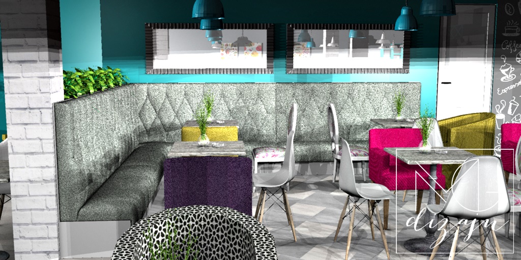 kafic 3d render separe ogledala stolice enterijer