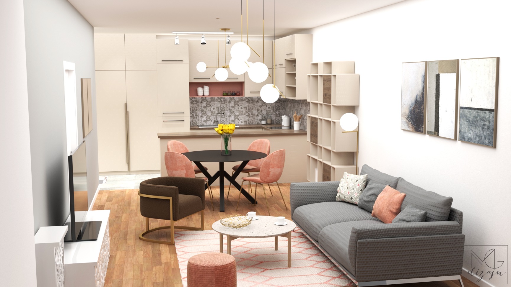 dnevna soba pogled na kuhinju siva roze