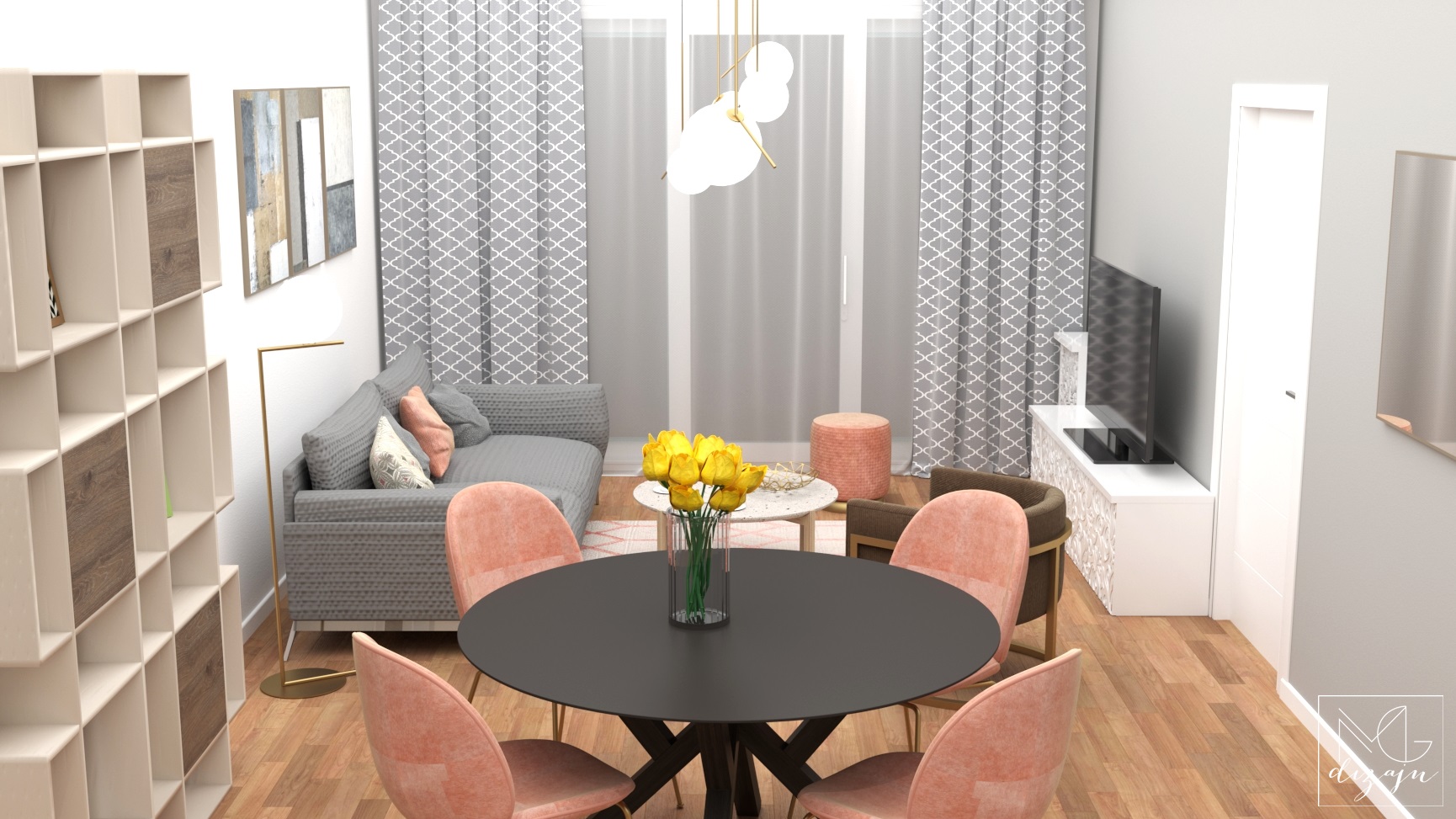 dnevna soba sivo roze