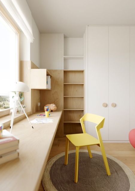 minimalsticka decija soba drvo i belo zuta stolica akcenat